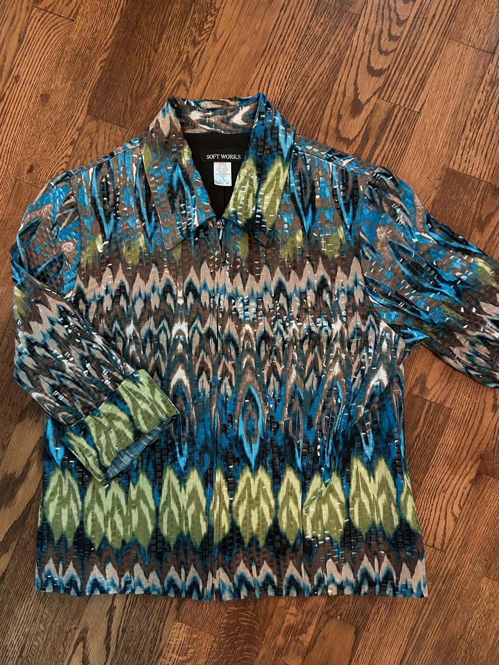 Soft Works Women's Blue Green Patterned Zipper Front Jacket